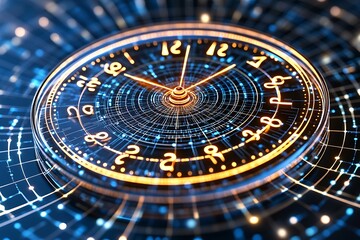 Poster - Futuristic Digital Clock with Glowing Orange and Blue Network