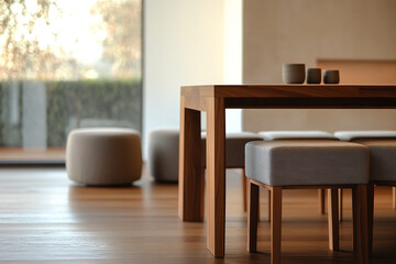 Poster - A cozy, minimalist dining area with a wooden table, soft stools, and a serene atmosphere. The image showcases modern interior design with natural light flowing through a large window.