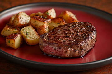 Wall Mural - Grilled steak served with golden crispy potatoes on a plate, showcasing a delicious and hearty meal perfect for a satisfying dinner, with black pepper seasoning.