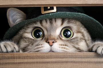 adorable cat wearing a green hat hiding in a wooden box, close-up