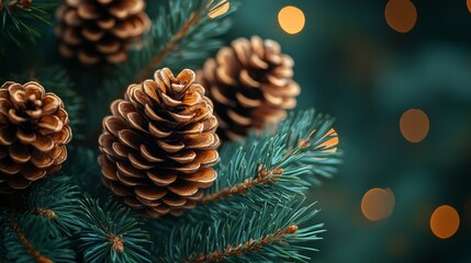 detailed pinecones amidst evergreen branches and diffused holiday lighting create a warm and invitin