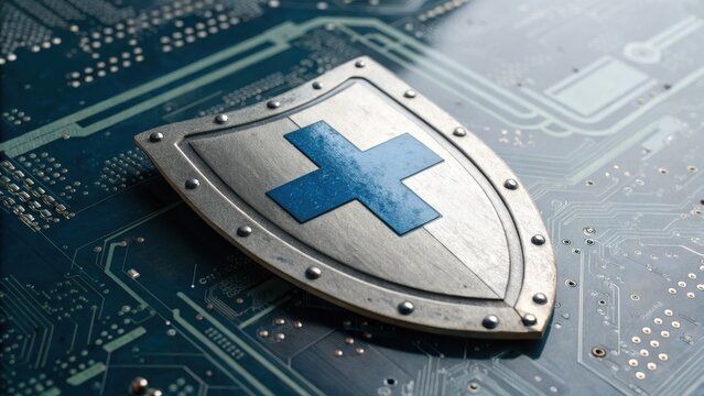 Shield Emblem on Circuit Board Representing Cybersecurity Protection