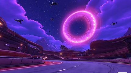 Fototapete - Futuristic Race Track with Wormhole and Flying Vehicles Under a Purple Night Sky