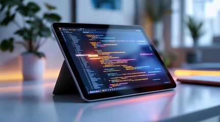 Coding on tablet, home office, night, programming
