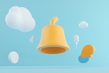 Poster - Floating 3D Render of a Yellow Bell and Pastel Shapes