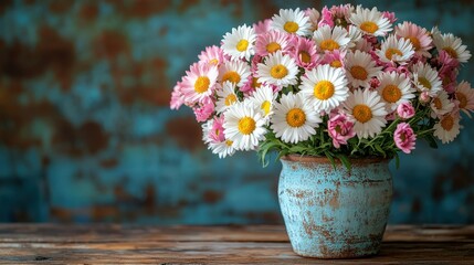 Wall Mural - A vibrant bouquet of daisies and pink flowers in a rustic pot on a wooden table against a textured blue background