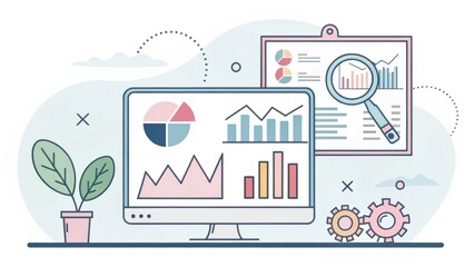 Wall Mural - A desktop computer displays colorful graphs and charts, with a plant and gears nearby, illustrating data analysis and business insights.