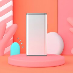 Poster - Sleek silver phone mockup on a coral and pink 3D rendered platform.