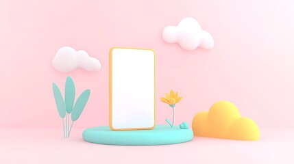 Poster - Pastel-colored 3D rendering of a smartphone on a pedestal with flowers and clouds