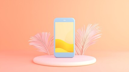Poster - Pastel Smartphone Mockup with Pink Palm Leaves on a Pink Pedestal