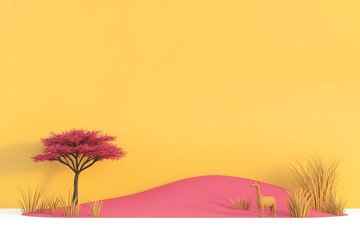Poster - Minimalist stylized landscape with tree and small giraffe figure