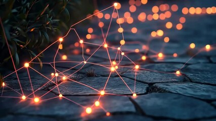 Poster - Glowing pathways illuminate the night in an enchanting garden atmosphere with a web of light. Generative AI