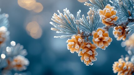 Wall Mural - Winter's Embrace, Frost-Kissed Pine Cones and Needles Against a Soft Blue Backdrop