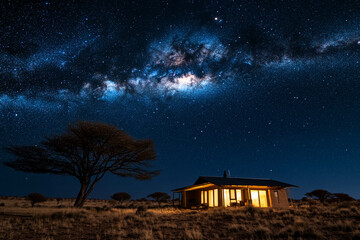 Poster - A tranquil night sky featuring a rural house under the Milky Way with a lone tree, capturing the beauty of the stars and the serenity of remote living in nature.