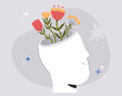 © Alice - Growth mindset and mental health concept, happy smiling man head with flowers and plants inside. Self care, positive thinking and psychological treatment, flat vector illustration isolated background