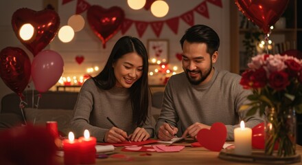 Romantic couple crafting Valentine's Day cards together in a cozy, decorated living room