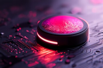 Fototapete - Glowing pink button rests on futuristic circuit board design