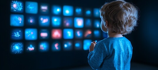Poster - Young boy intently watching a large digital interactive display