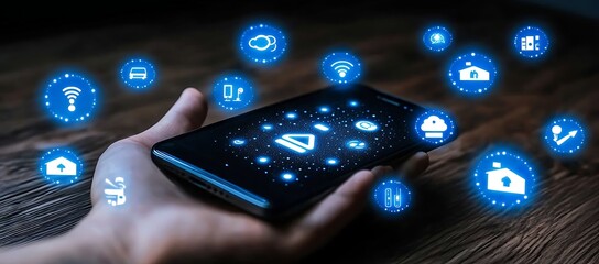 Poster - Hand holding smartphone with smart home automation interface icons