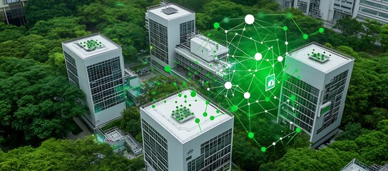 Poster - Buildings connected through a digital network surrounded by trees