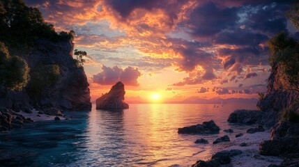 Wall Mural - Serene Sunset Over Tropical Beach with Rocky Outcrops and Clouds