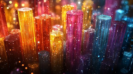 Wall Mural - ' colorful, shiny crystal columns on a dark surface with glowing particles, for backgrounds.