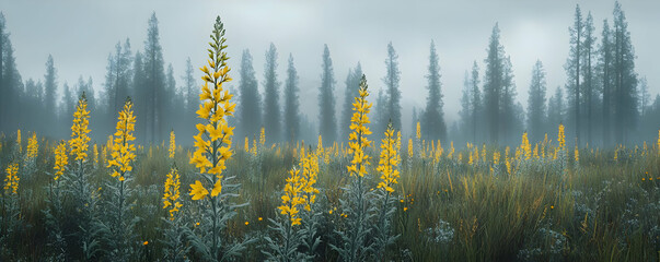 Sticker - Misty forest meadow, yellow flowers. Nature scene