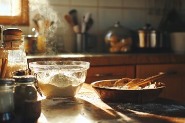 Bowl of flour and sugar on counter with kitchen utensils for homemade cooking preparation