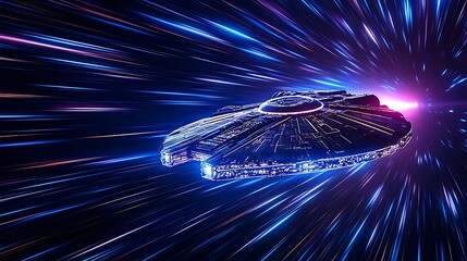Poster - Spaceship travels through light speed tunnel creating vibrant streaks
