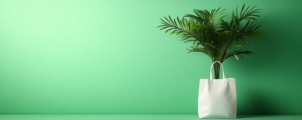 Poster - A green plant in a white bag on green backdrop