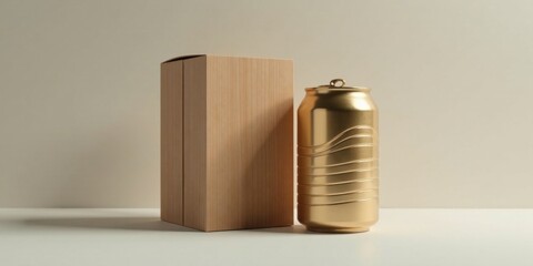 Poster - Elegant Gold Can Beside Light Wood Box Mockup for Premium Product Presentation