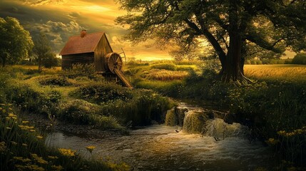 Wall Mural - Serene Sunset Over Watermill and Tranquil Stream in Nature