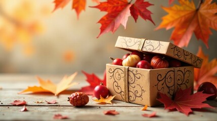 Poster - Autumnal Treasure Chest Filled with Miniature Fruits and Surrounded by Vibrant Fall Foliage on Rustic Wooden Surface