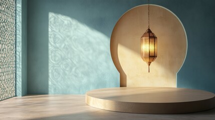 Wall Mural - Elegant islamic lantern fanoos hanging on a podium floor with warm golden glow, symbolizing the spiritual essence of ramadan and the holy month of fasting, perfect for islamic festive decorations, wor