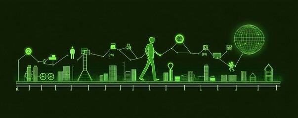 Poster - Green digital cityscape with walking figure and connected icons