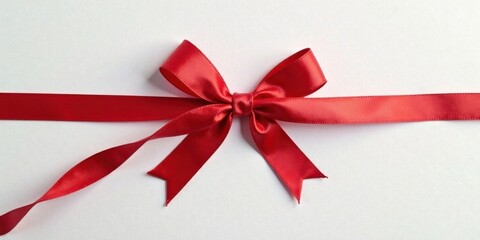 Poster - A vibrant red satin ribbon tied in a classic bow, elegantly positioned on a pristine white background, ideal for celebratory occasions and adding a touch of festive elegance to any design project.