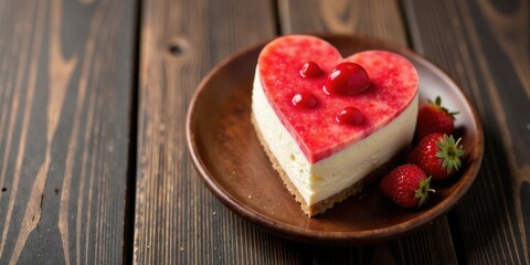Poster - Heart-Shaped Cheesecake Delight with a Red Berry Glaze, Served on a Rustic Wooden Table