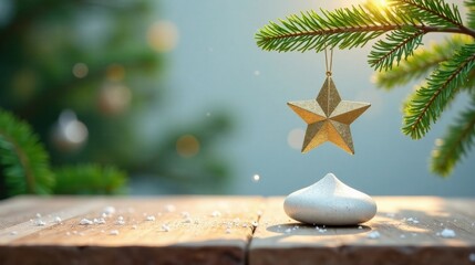 Poster - A Festive Star Ornament Hanging from an Evergreen Branch Above a Delicate White Confection on a Rustic Wooden Surface
