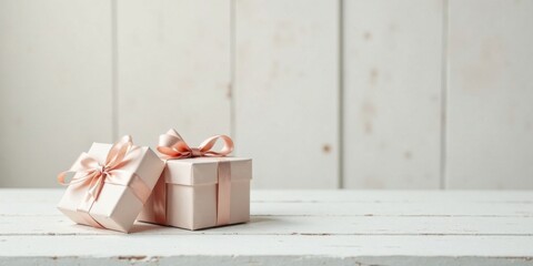 Poster - Elegant blush pink gift boxes tied with delicate satin ribbons rest on a rustic white wooden surface