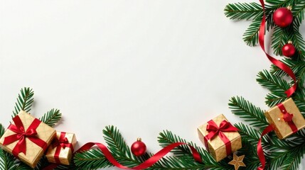 Poster - A Festive Composition of Evergreen Branches, Wrapped Gifts, and Sparkling Ornaments Creates a Cheerful Holiday Border
