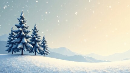 Aufkleber - Serene Winter Wonderland Snow-Covered Evergreens on a Gentle Slope, Under a Softly Falling Snow, Basking in the Warm Glow of a Rising Sun