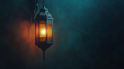 Wall Mural -  Elegant arabic lantern with intricate metalwork glowing in warm light, set against a peaceful ramadan kareem background with soft golden bokeh and traditional islamic patterns, creating a spiritual a