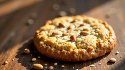 Poster - A golden-brown baked treat, adorned with sweet caramel-colored pieces, sits on a rustic wooden surface, bathed in warm sunlight.
