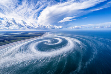 Aufkleber - Aerial view of swirling ocean currents and winds creating a dynamic, spiral pattern along the coastline, showcasing the natural forces at play in the sea and sky.