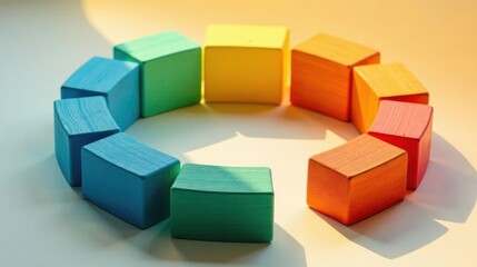 Aufkleber - rainbow-hued wooden blocks arranged in a circular pattern, casting vibrant shadows on a light surfac