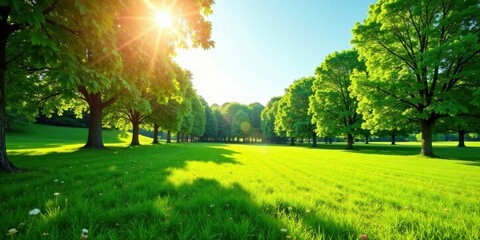 Poster - Sunlit Meadow with Lush Greenery and Vibrant Trees on a Sunny Day