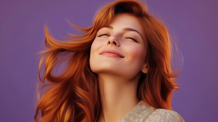 Wall Mural - Woman with long red hair is smiling and looking up at the camera. Concept of happiness and positivity