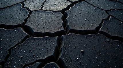 Poster - Dark Cracked Surface with Water Droplets Abstract Texture of a Weathered Material
