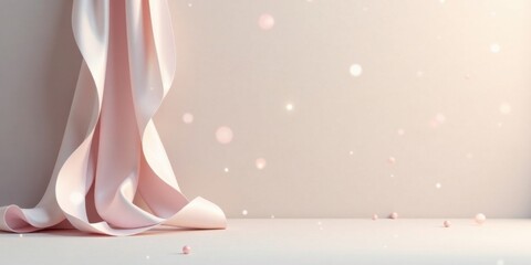 Poster - Elegant Draped Fabric with Soft Pink Accents and Glimmering Particles on a Neutral Background
