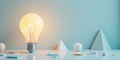 Poster - Illuminated Ideas A Glowing Bulb Amongst Geometric Forms on a Serene Surface